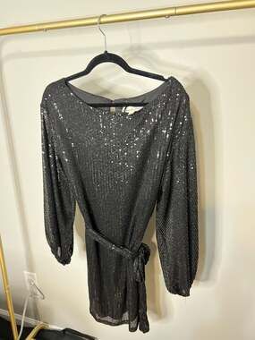 Vine & Love Black Sequin Lantern Sleeve Belted Mini Cocktail Dress